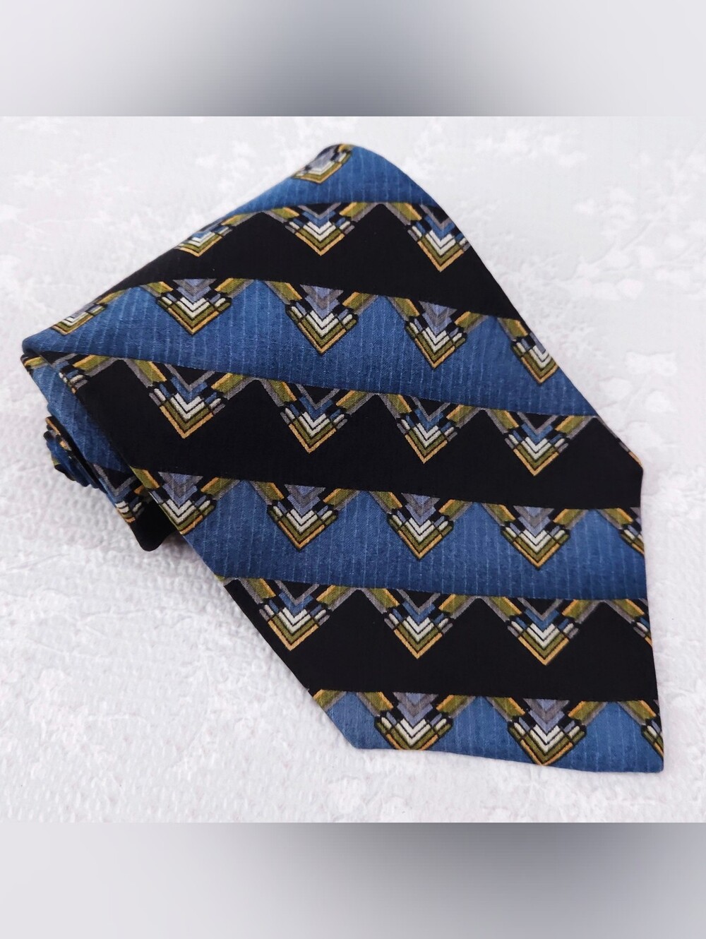Jhane Barnes Silk Tie Blue Black Gold Geometric Tie Japan 58" x 4"